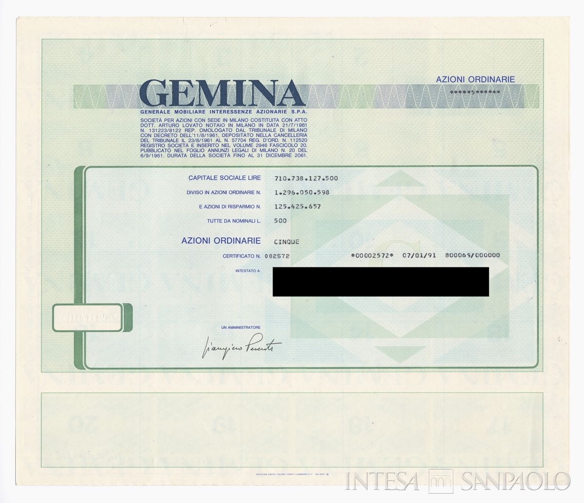 GEMINA SpA, certificati azionari nominativi - recto c