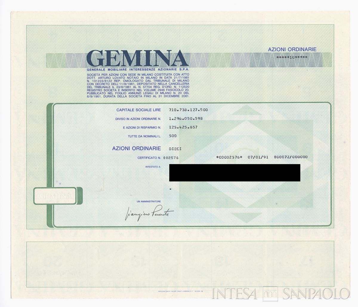 GEMINA SpA, certificati azionari nominativi - recto d