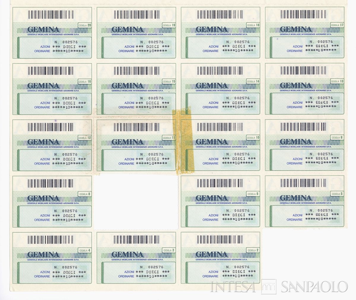 GEMINA SpA, certificati azionari nominativi - recto d