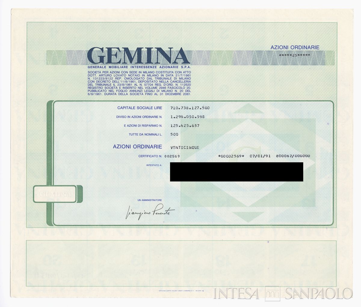 GEMINA SpA, certificati azionari nominativi - recto e