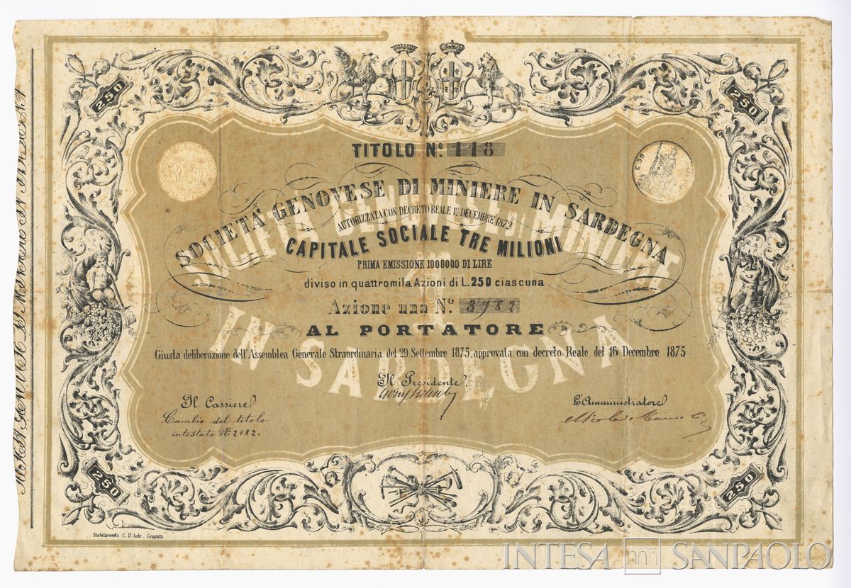 Genovese Miniere in Sardegna, certificato azionario al portatore - recto