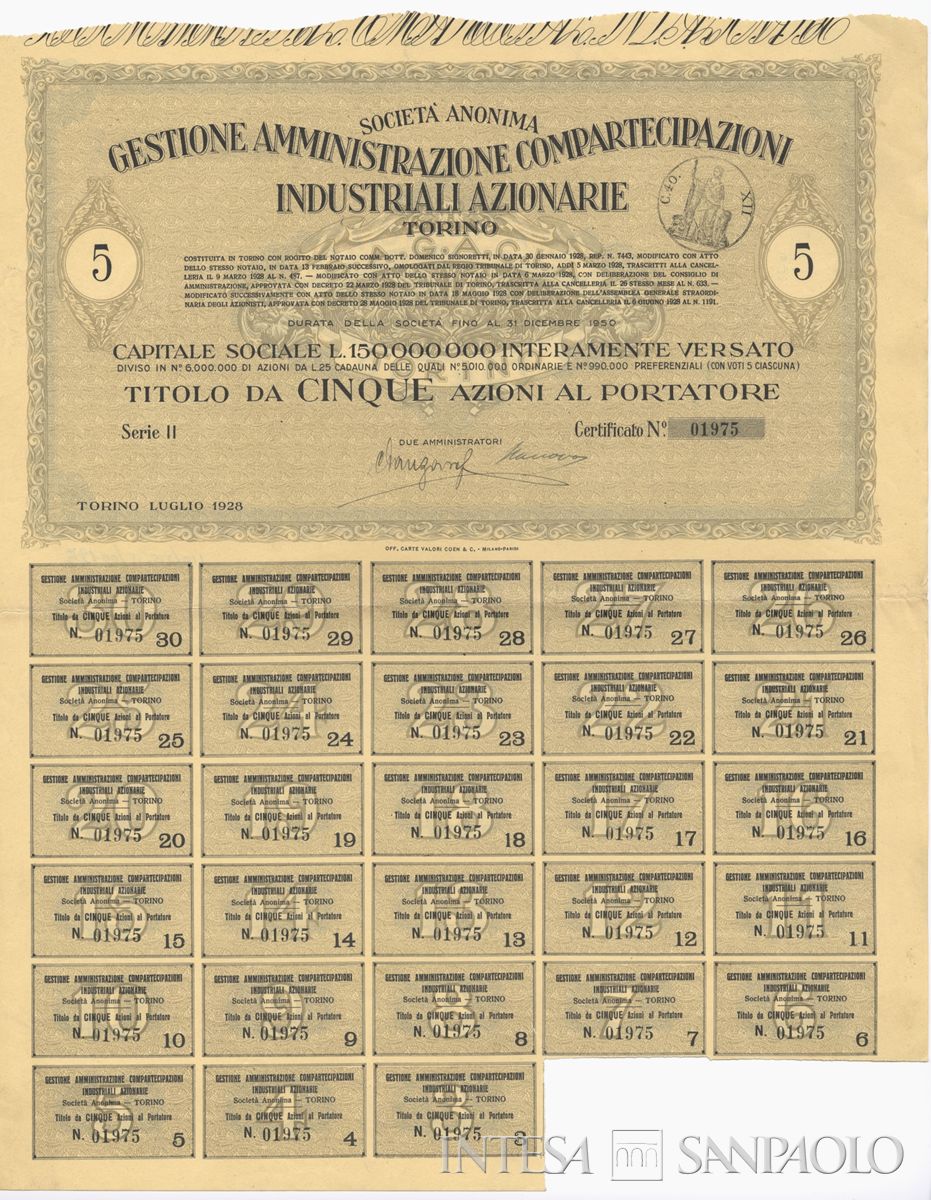 Gestione Amministrazione compartecipazioni industriali azionarie SA SAGACIA, certificati azionari al portatore - recto