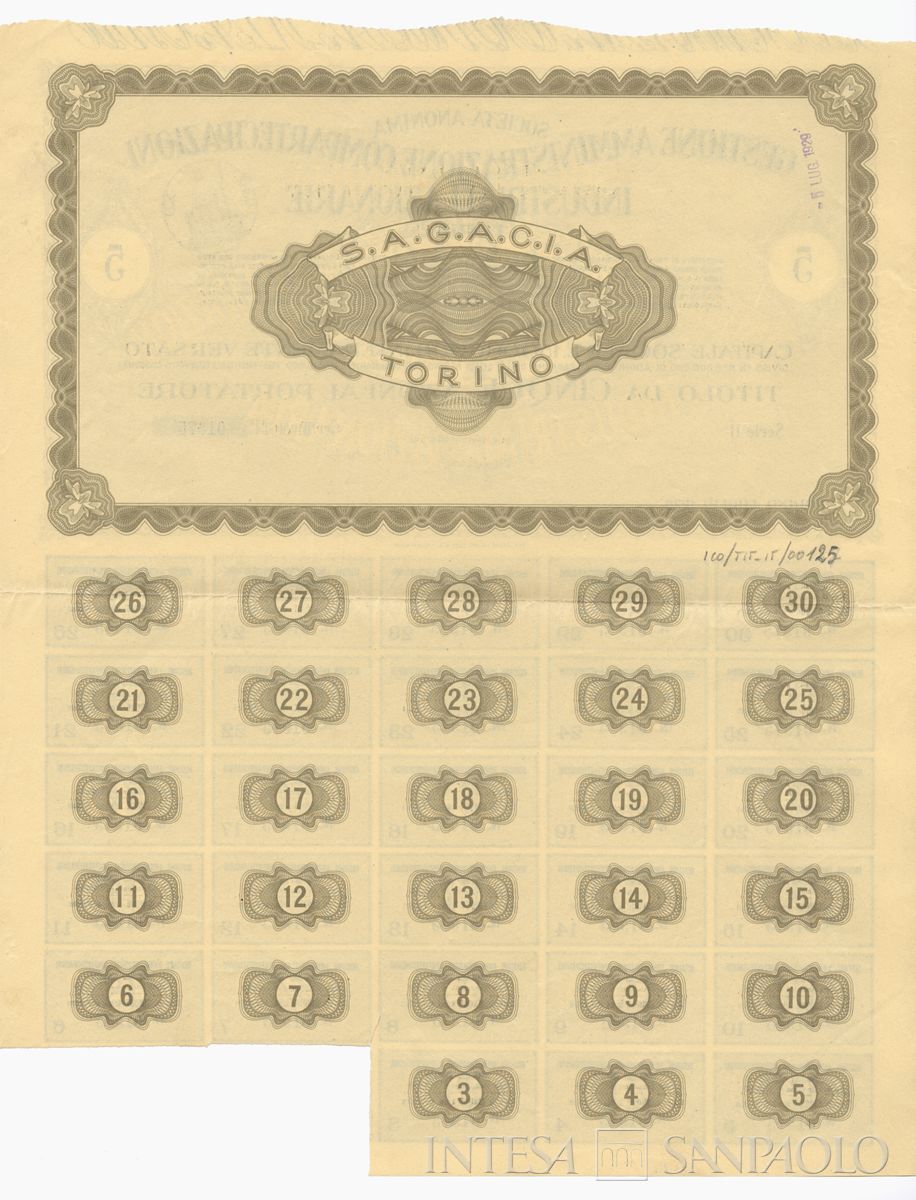 Gestione Amministrazione compartecipazioni industriali azionarie SA SAGACIA, certificati azionari al portatore - verso