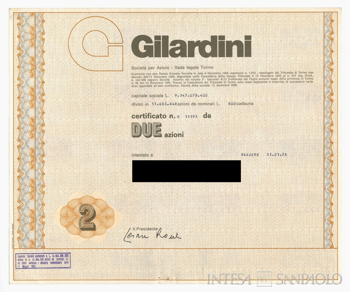 Gilardini SpA, certificati azionari nominativi - recto a