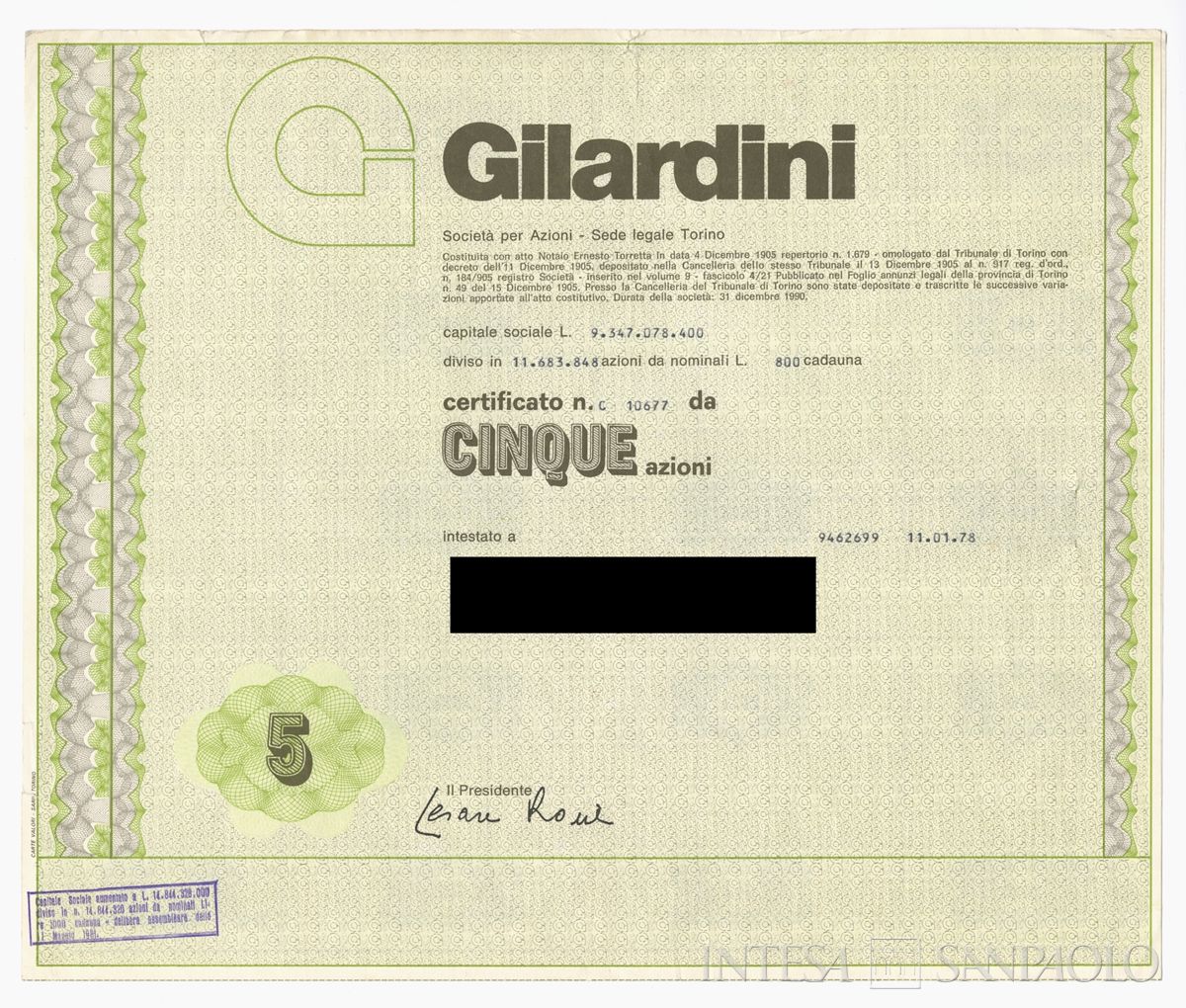 Gilardini SpA, certificati azionari nominativi - recto b