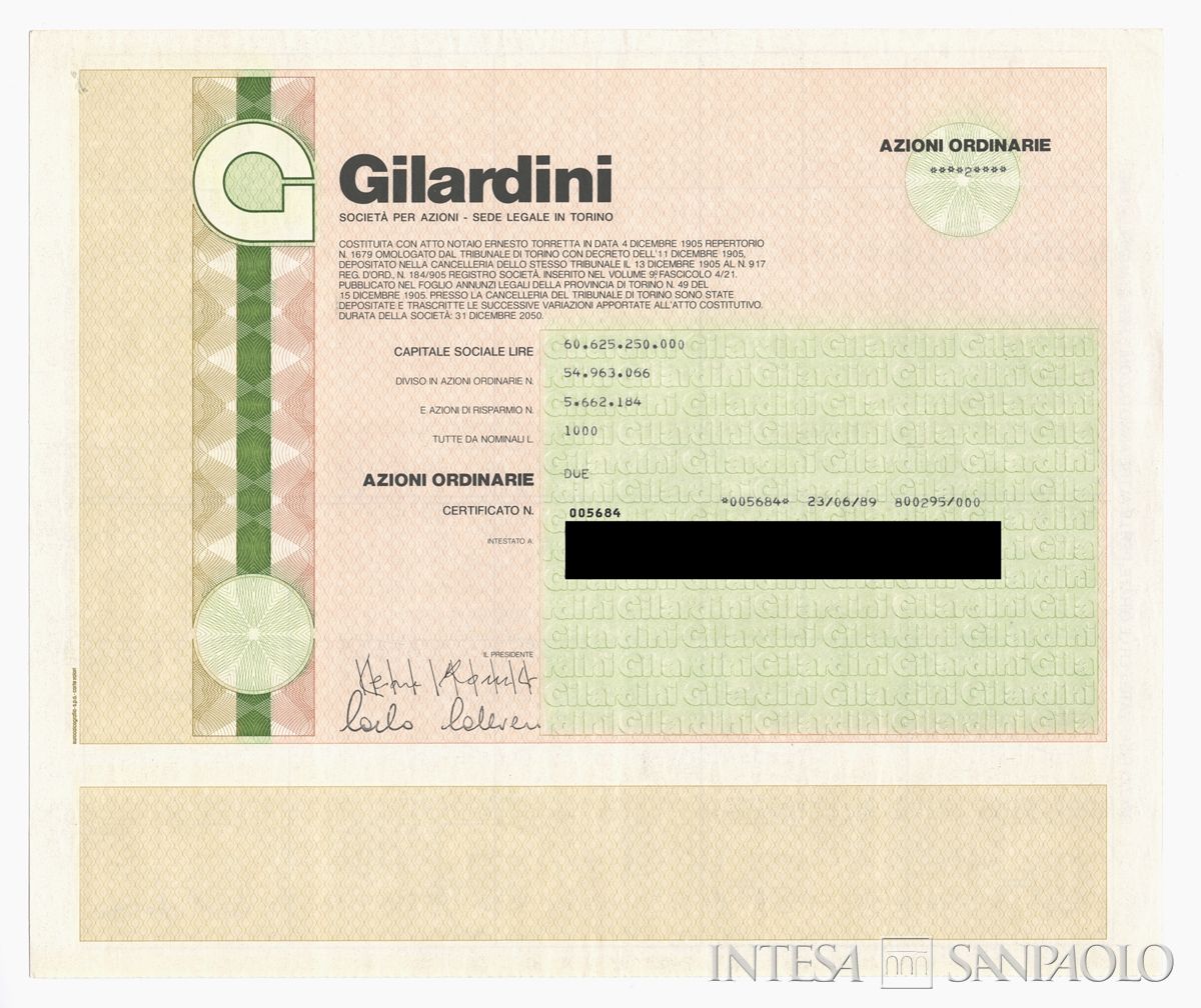 Gilardini SpA, certificati azionari nominativi - recto a