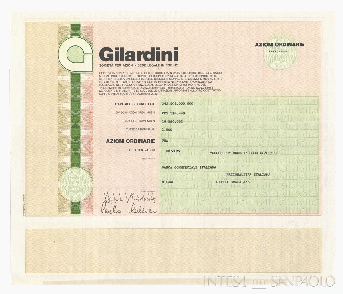 Gilardini SpA, certificati azionari nominativi - recto b
