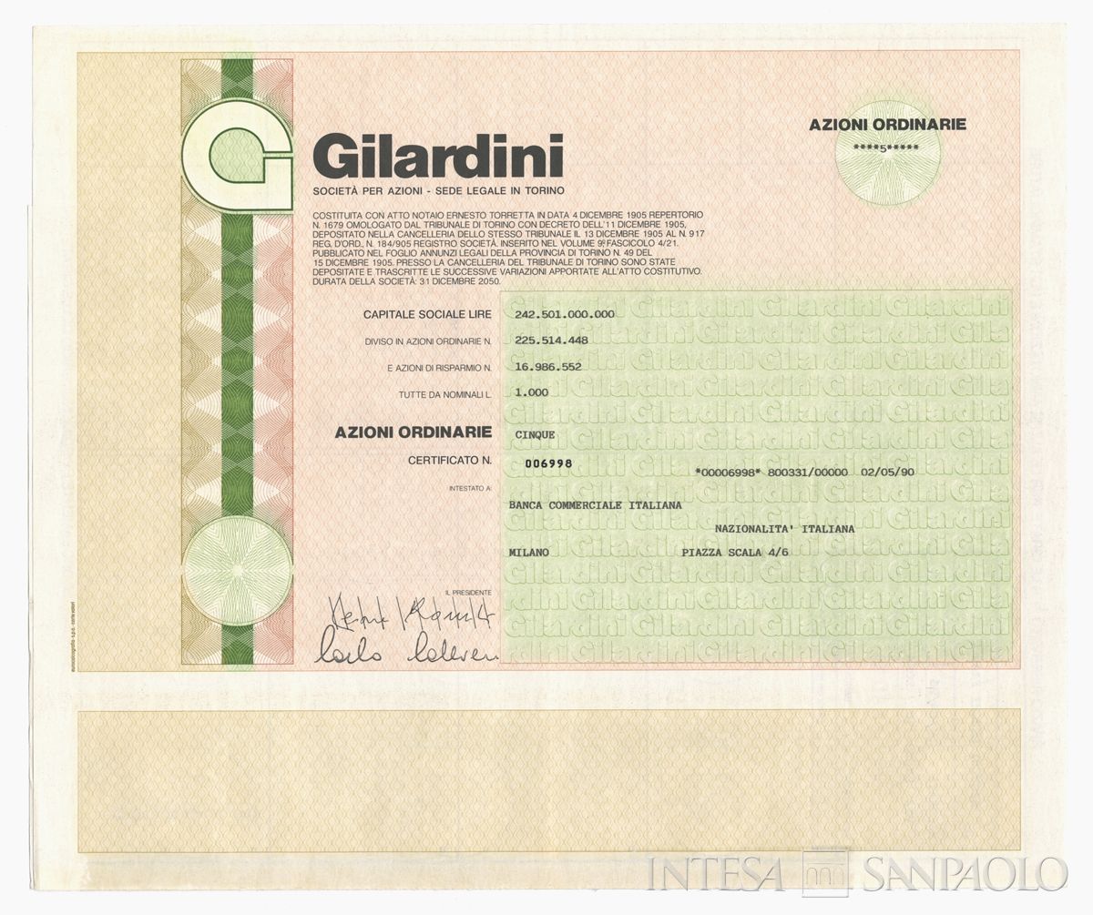 Gilardini SpA, certificati azionari nominativi - recto c