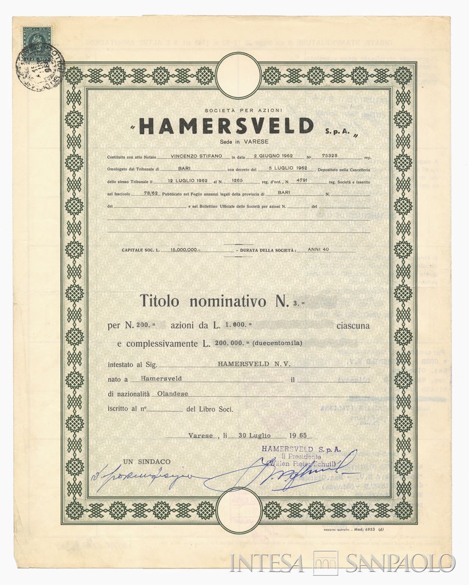 Hamersveld SpA, certificato azionario nominativo - recto a