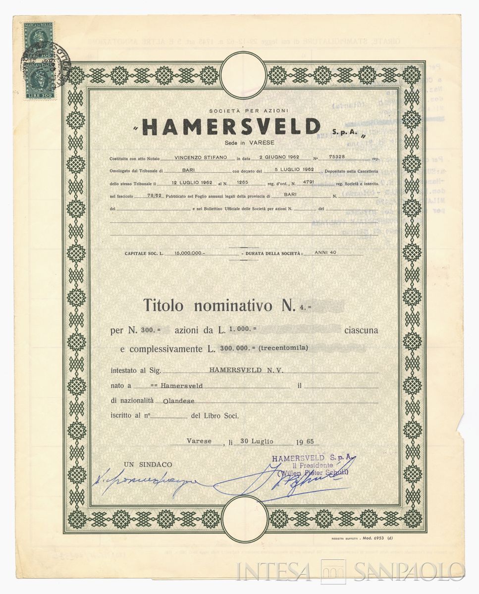 Hamersveld SpA, certificato azionario nominativo - recto b