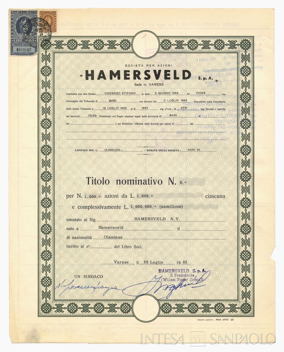 Hamersveld SpA, certificato azionario nominativo - recto c