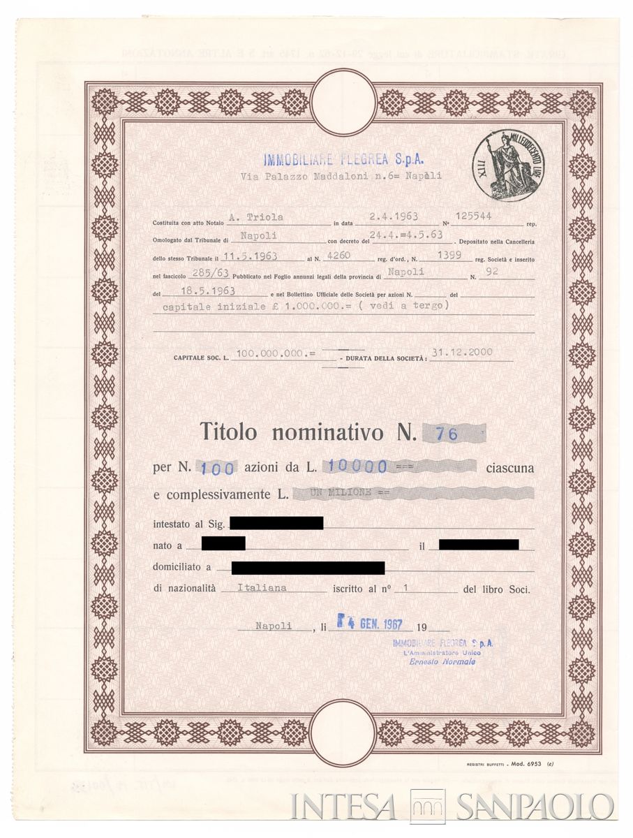 Immobiliare Flegrea SpA, certificato azionario nominativo - recto