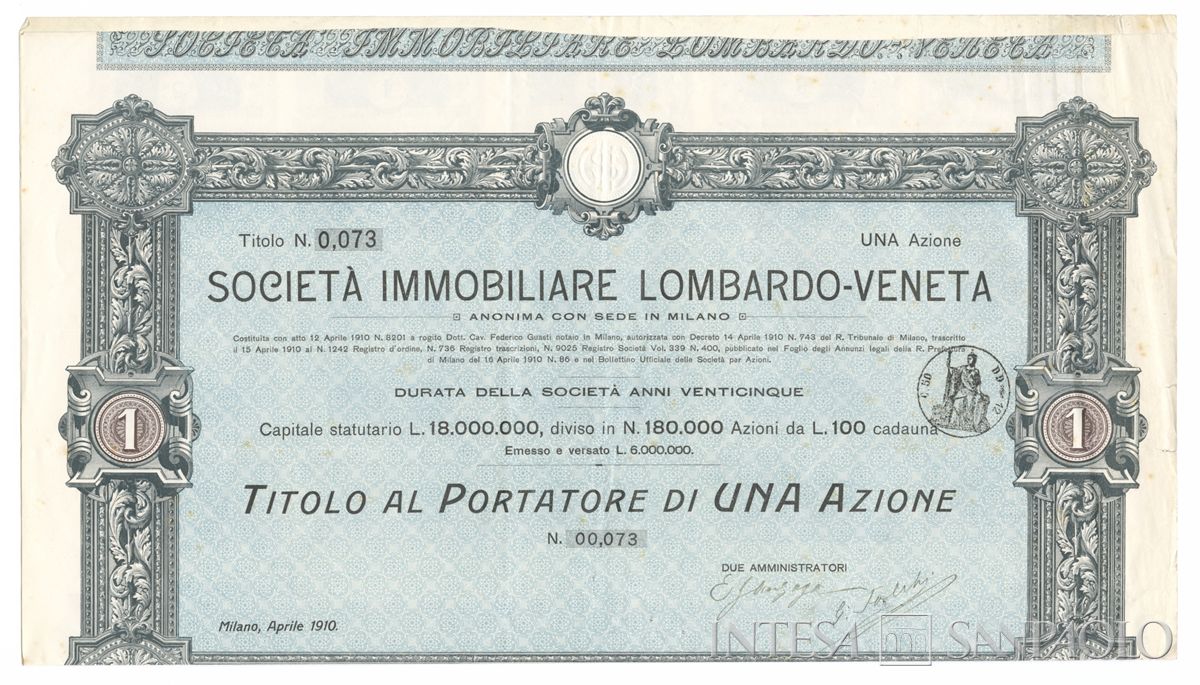 Immobiliare Lombardo-Veneta SpA, certificato azionario al portatore - recto