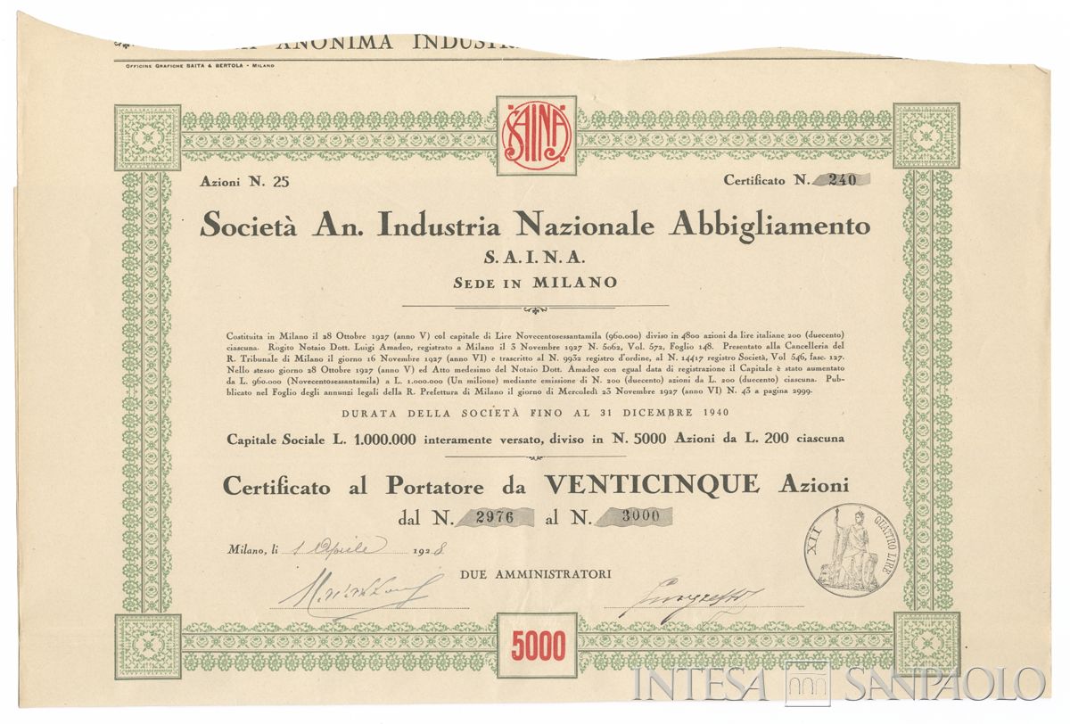Industria Nazionale abbigliamento SAINA SA, certificato azionario al portatore - recto