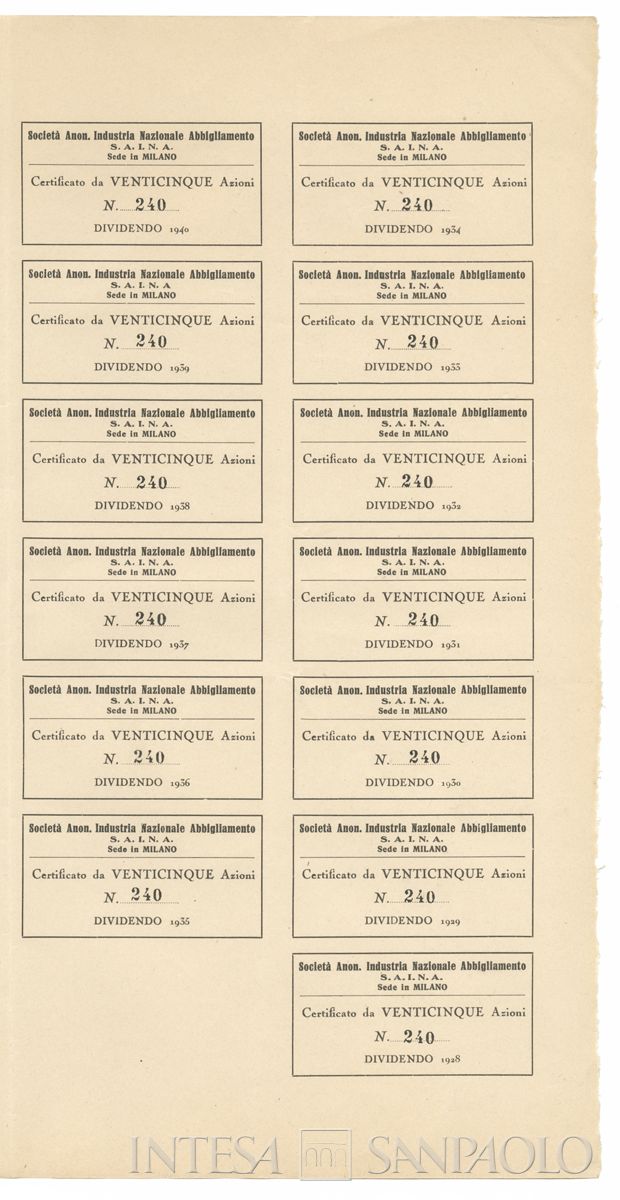 Industria Nazionale abbigliamento SAINA SA, certificato azionario al portatore - recto
