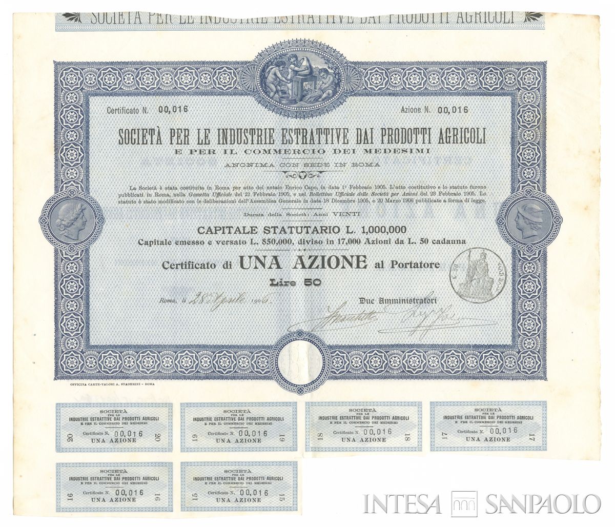 Industrie estrattive dai prodotti agricoli, certificati azionari al portatore - recto a
