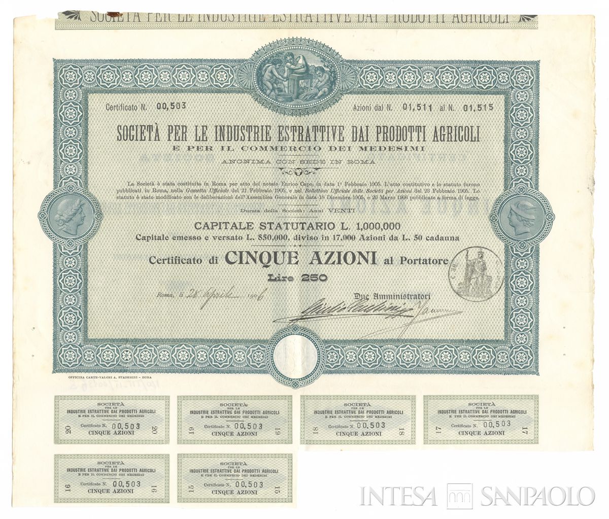 Industrie estrattive dai prodotti agricoli, certificati azionari al portatore - recto b