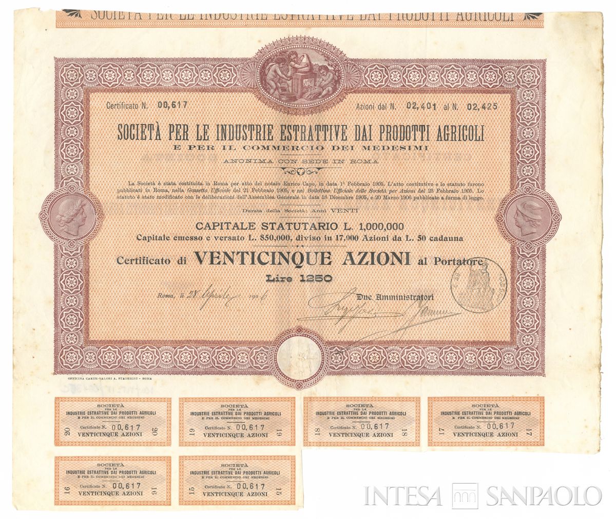 Industrie estrattive dai prodotti agricoli, certificati azionari al portatore - recto c