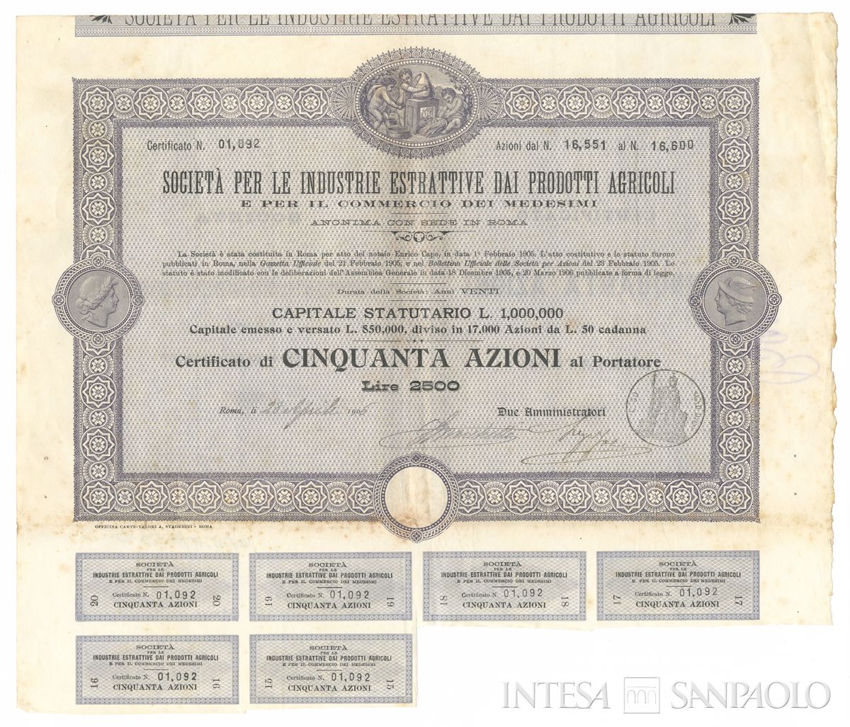 Industrie estrattive dai prodotti agricoli, certificati azionari al portatore - recto d