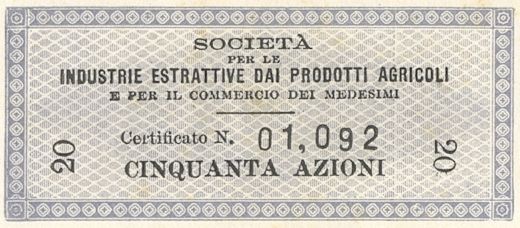 Industrie estrattive dai prodotti agricoli, certificati azionari al portatore - dettaglio d