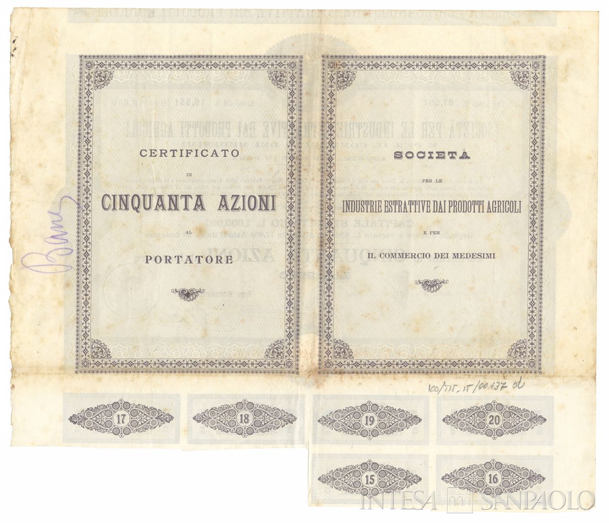 Industrie estrattive dai prodotti agricoli, certificati azionari al portatore - verso d