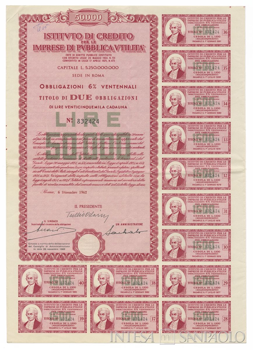 Istituto di credito per le imprese di pubblica utilità, certificato obbligazionario al portatore - recto