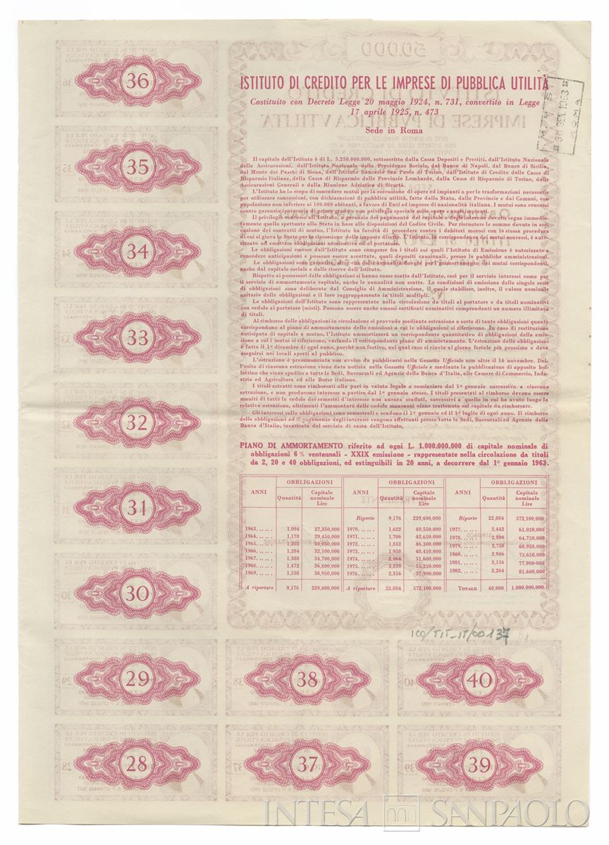 Istituto di credito per le imprese di pubblica utilità, certificato obbligazionario al portatore - verso