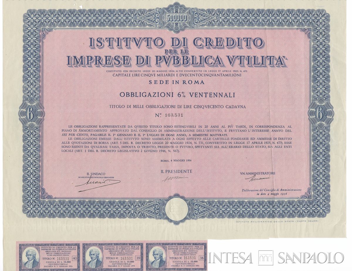 Istituto di credito per le imprese di pubblica utilità, certificati obbligazionari al portatore - recto a