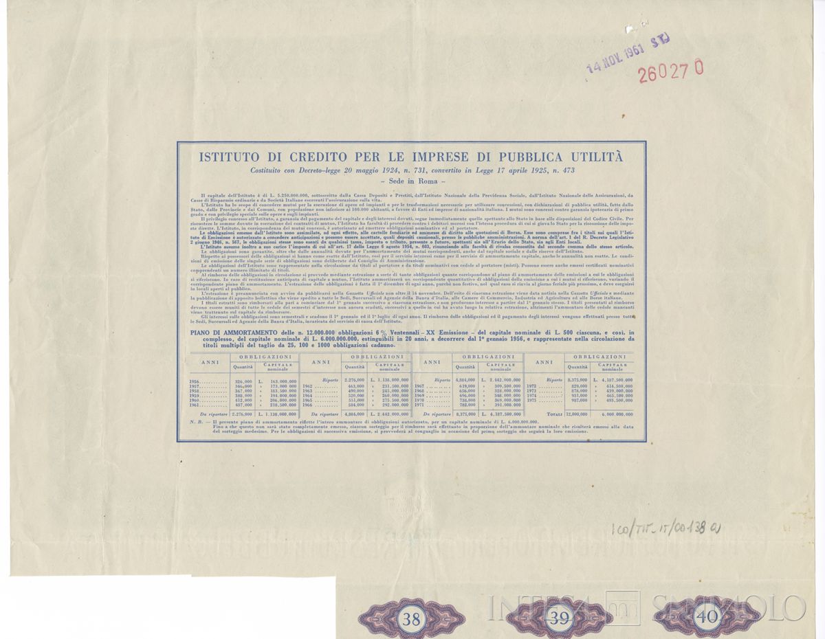 Istituto di credito per le imprese di pubblica utilità, certificati obbligazionari al portatore - verso a