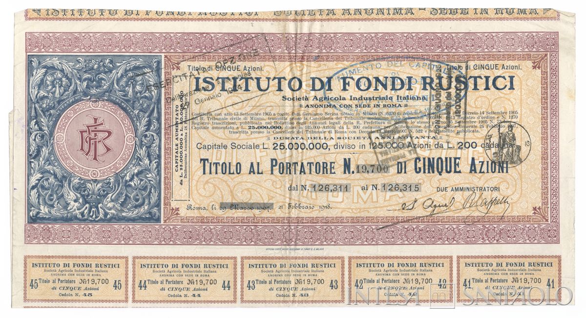 Istituto di Fondi Rustici Società agricola industriale italiana SA, certificato azionario al portatore - recto