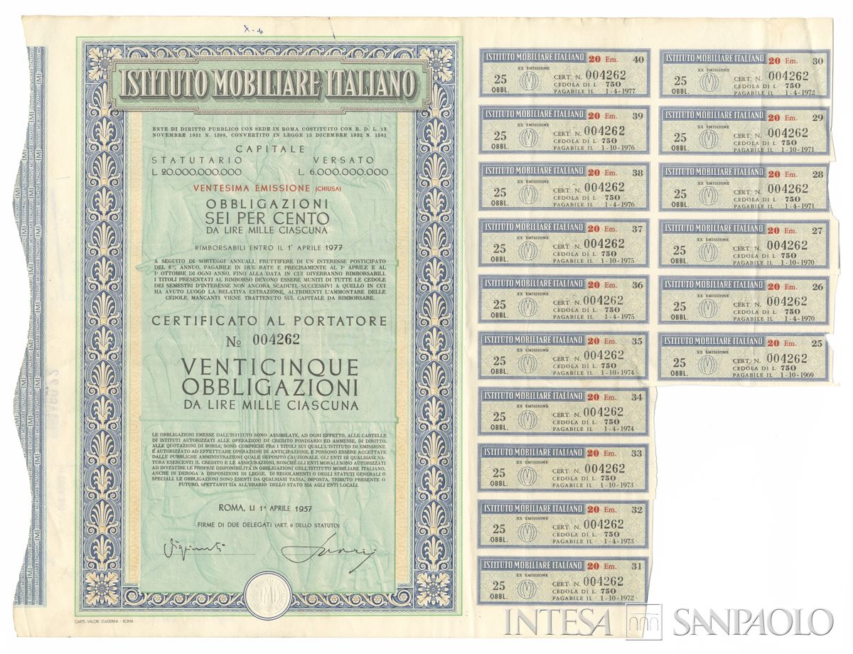 Istituto Mobiliare Italiano IMI, certificati obbligazionari al portatore - recto a