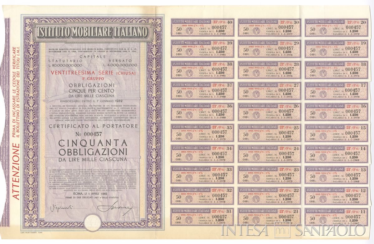 Istituto Mobiliare Italiano IMI, certificati obbligazionari al portatore - recto a