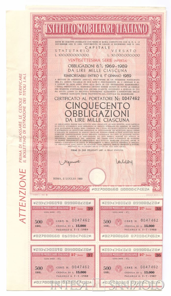 Istituto Mobiliare Italiano IMI, certificato obbligazionario al portatore - recto