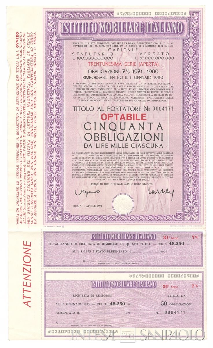 Istituto Mobiliare Italiano IMI, certificato obbligazionario al portatore - recto
