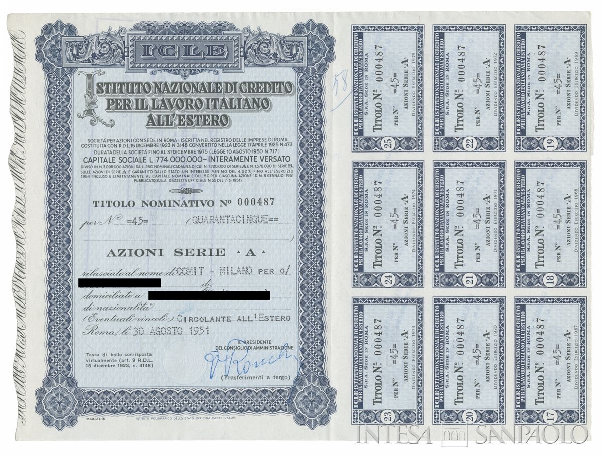 Istituto Nazionale di credito per il lavoro italiano all'estero ICLE, certificati azionari nominativi - recto a