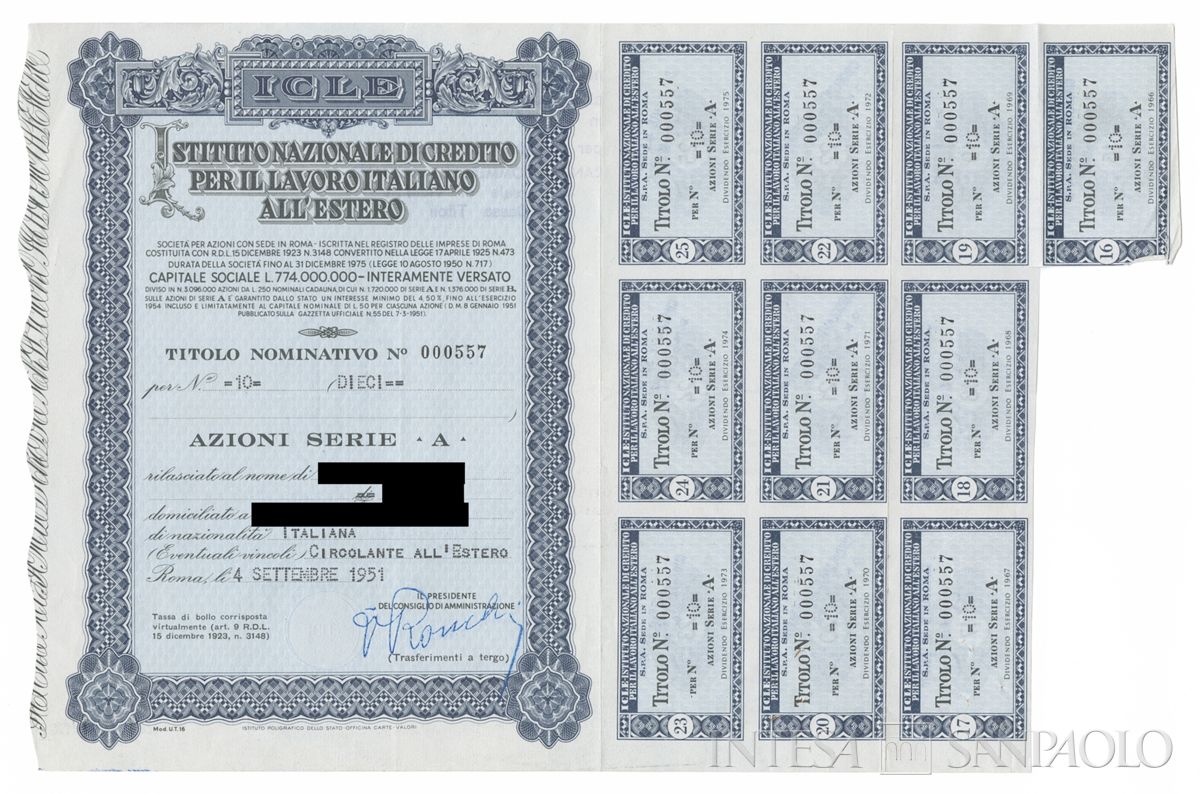 Istituto Nazionale di credito per il lavoro italiano all'estero ICLE, certificati azionari nominativi - recto b