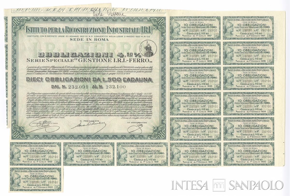 Istituto per la ricostruzione industriale IRI, certificato obbligazionario "Gestione IRI-Ferro" al portatore - recto