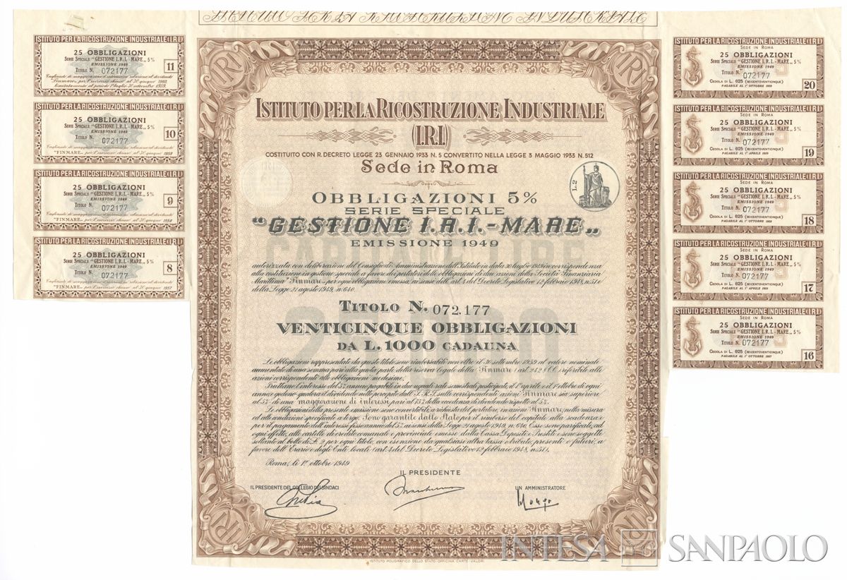 Istituto per la ricostruzione industriale IRI, certificato obbligazionario "Gestione IRI-Mare" al portatore - recto
