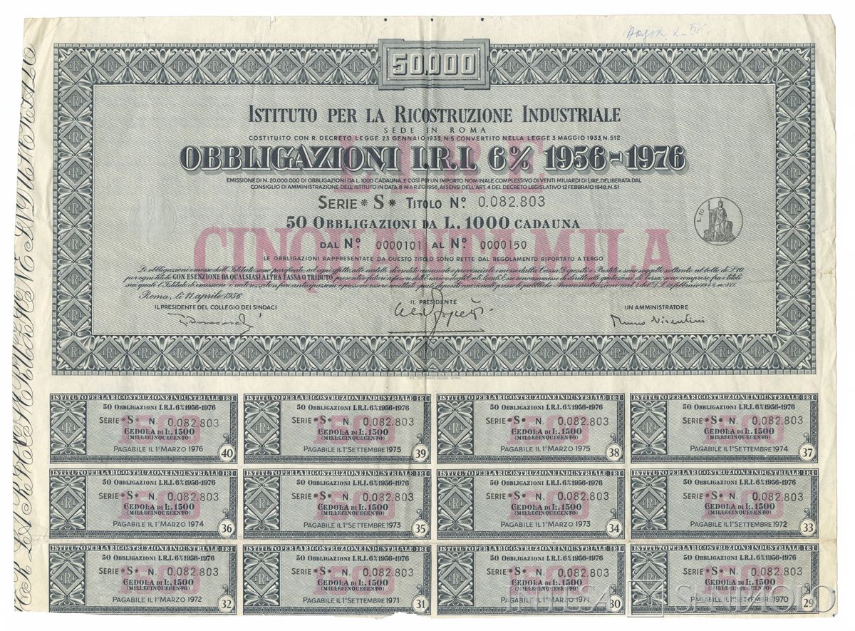 Istituto per la ricostruzione industriale IRI, certificato obbligazionario "IRI" al portatore - recto