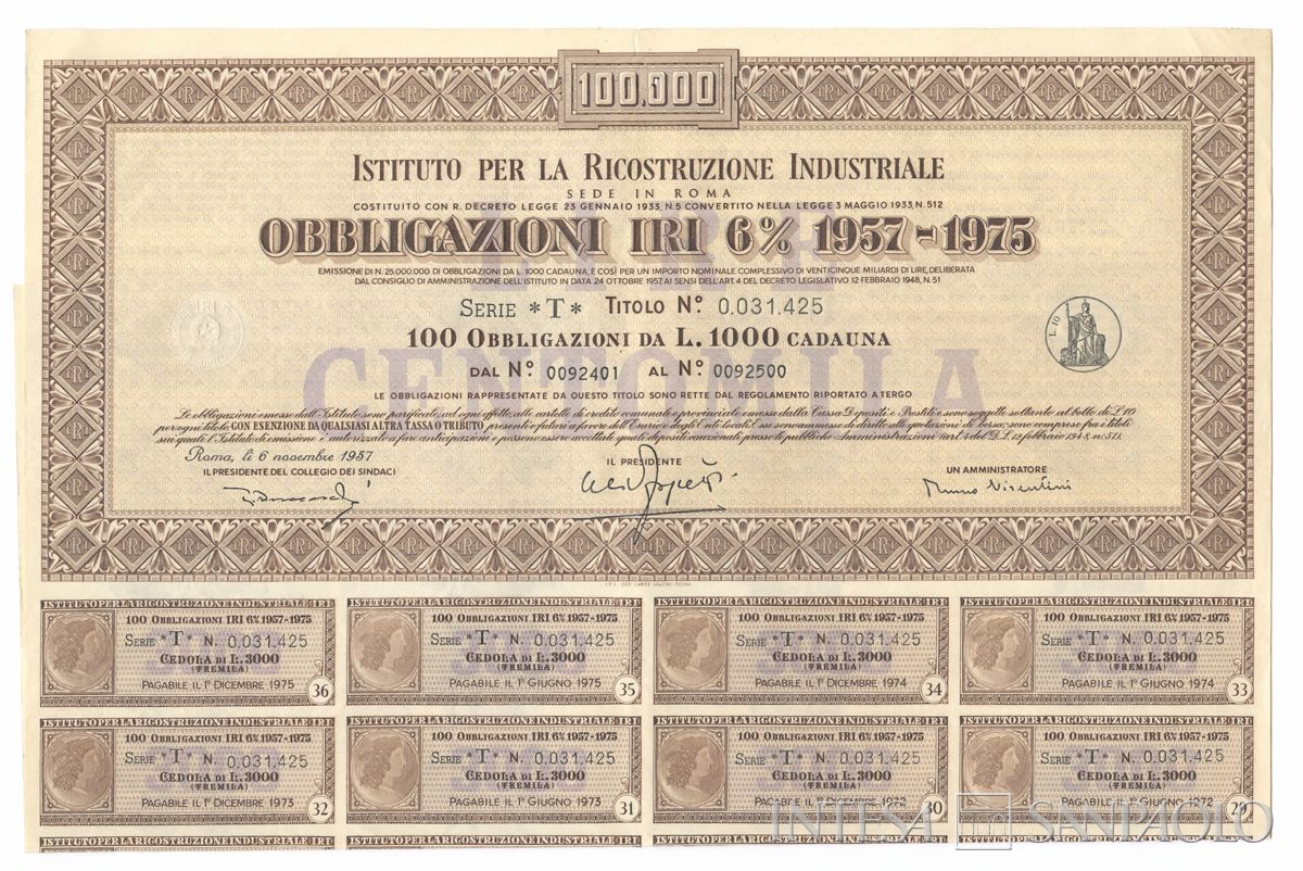 Istituto per la ricostruzione industriale IRI, certificato obbligazionario "IRI" al portatore - recto