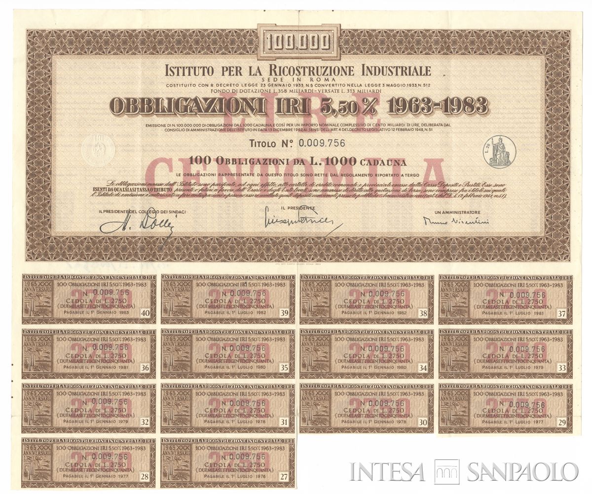 Istituto per la ricostruzione industriale IRI, certificati obbligazionari "IRI" al portatore - recto a