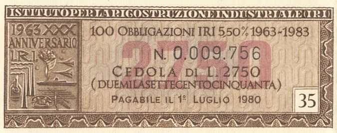 Istituto per la ricostruzione industriale IRI, certificati obbligazionari "IRI" al portatore - dettaglio a