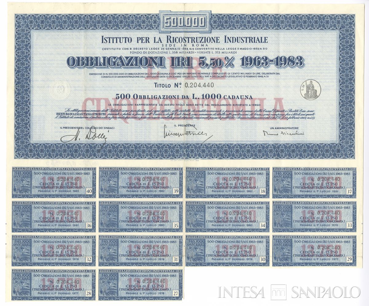 Istituto per la ricostruzione industriale IRI, certificati obbligazionari "IRI" al portatore - recto b