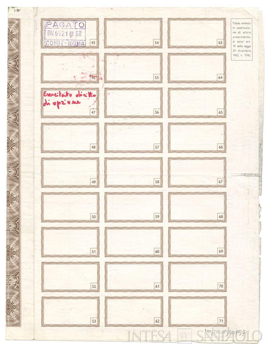 ITALCABLE Servizi cablografici radiotelegrafici e radioelettrici SpA, certificato azionario nominativo - recto