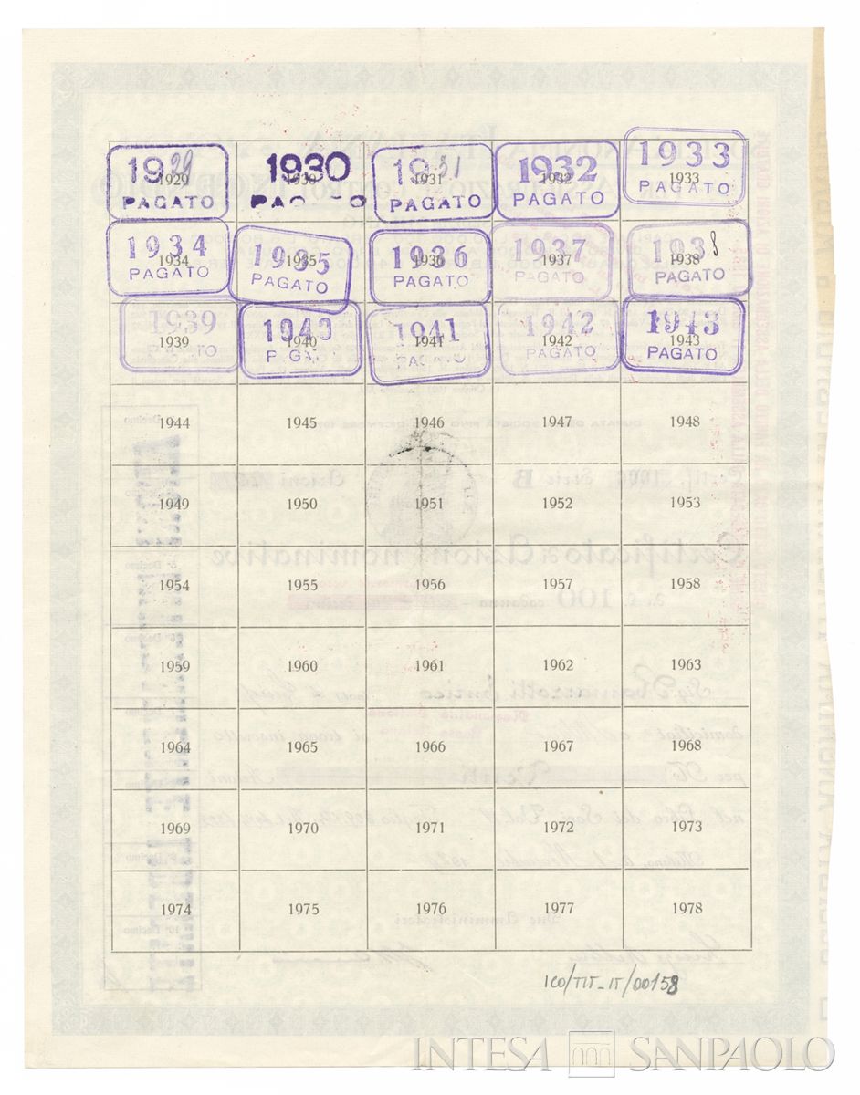 Italiana Assicurazione contro l'incendio SA, certificato azionario nominativo - verso