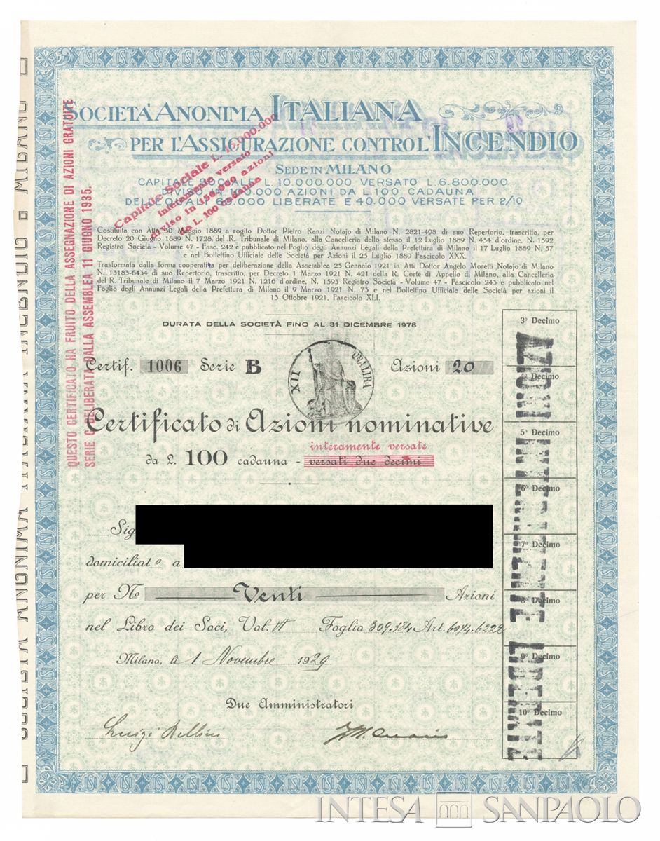 Italiana Assicurazione contro l'incendio SA, certificato azionario nominativo - recto