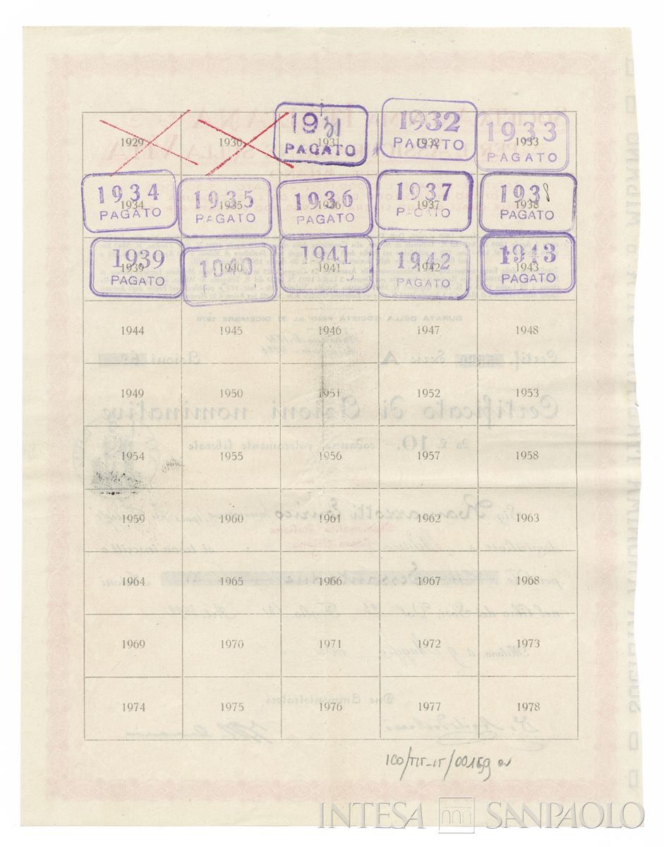 Italiana Assicurazione contro l'incendio SA, certificati azionari nominativi - verso a