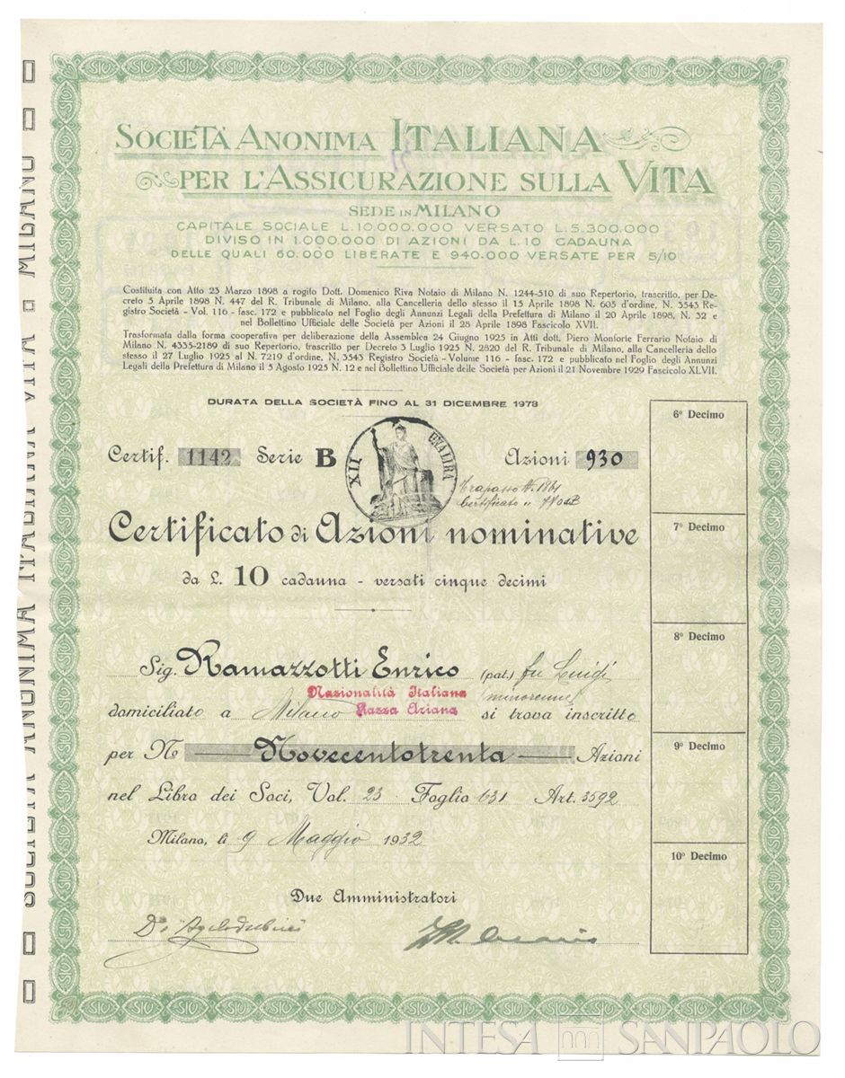 Italiana Assicurazione contro l'incendio SA, certificati azionari nominativi - recto c