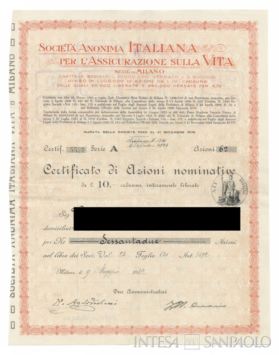 Italiana Assicurazione contro l'incendio SA, certificati azionari nominativi - recto a