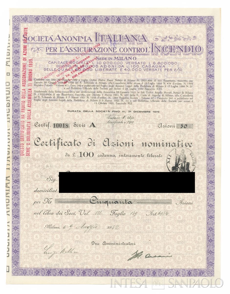 Italiana Assicurazione contro l'incendio SA, certificati azionari nominativi - recto b